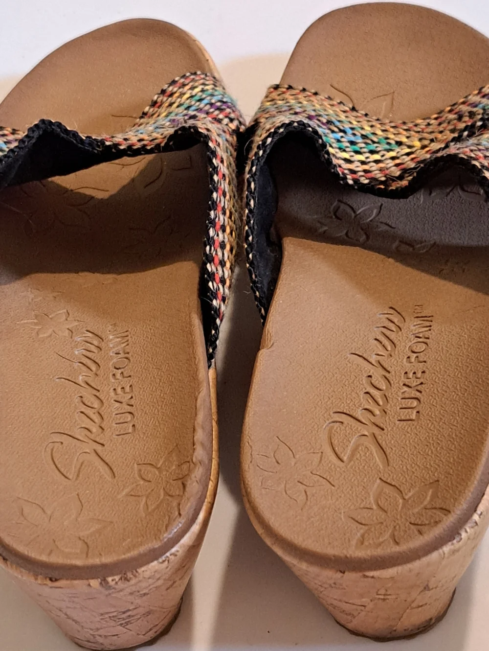 Skechers Cork Wedge Multi Color Strap, Size 8 Height 2.5 inches